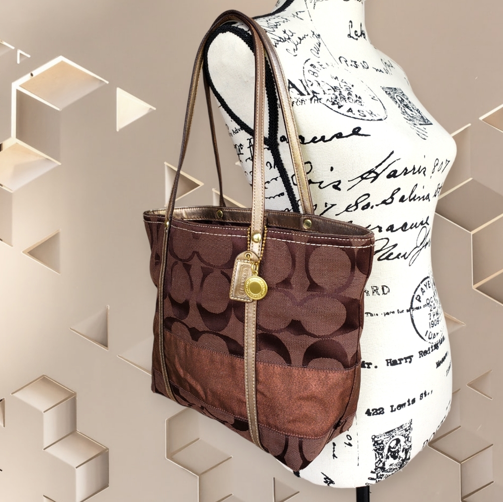 💯 COACH Signature Stripe Copper & Brown Canvas Shoulder Bag